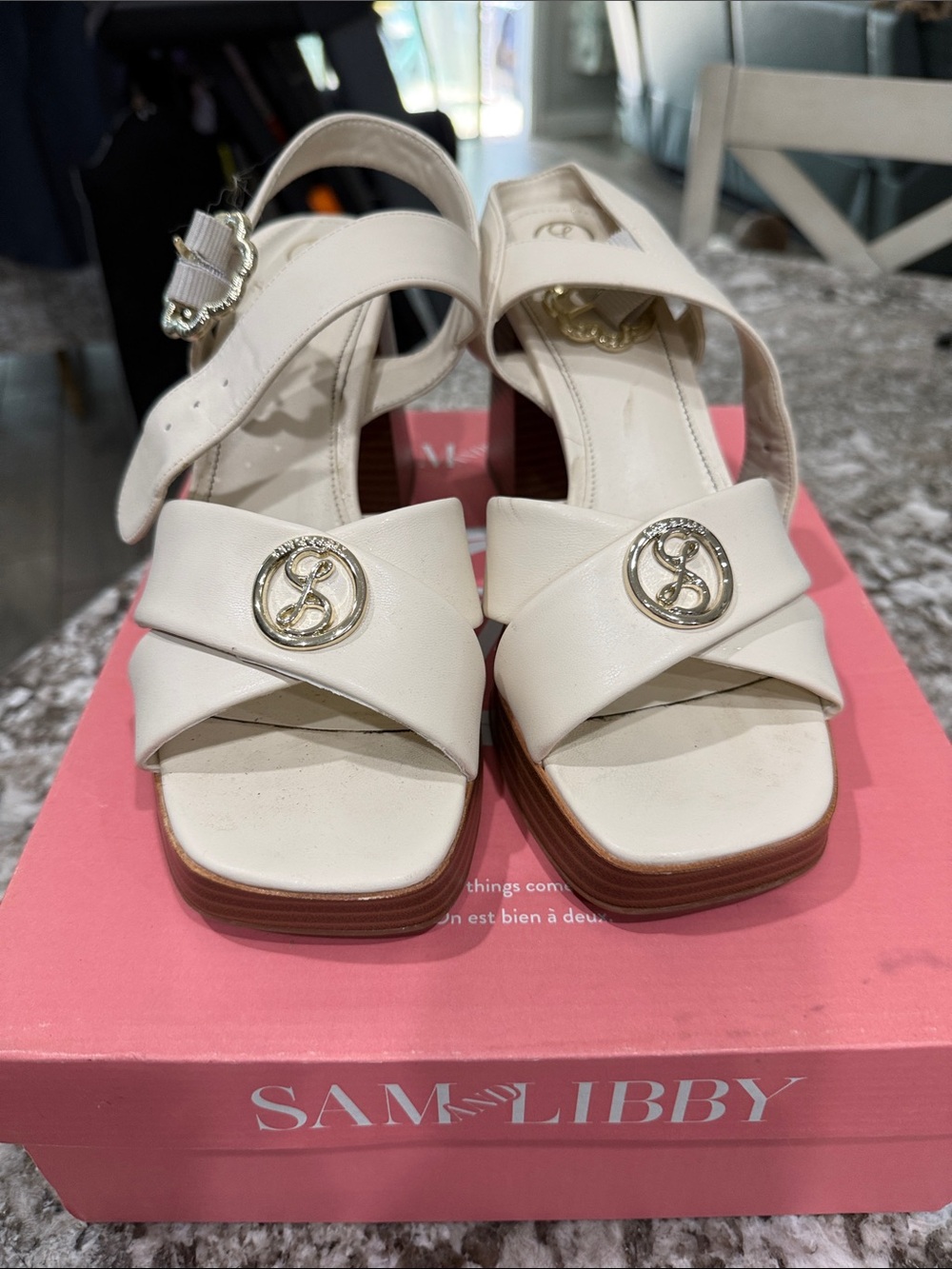 Sam & Libby Cream Crisscross Block Heel Sandals with Gold Emblem